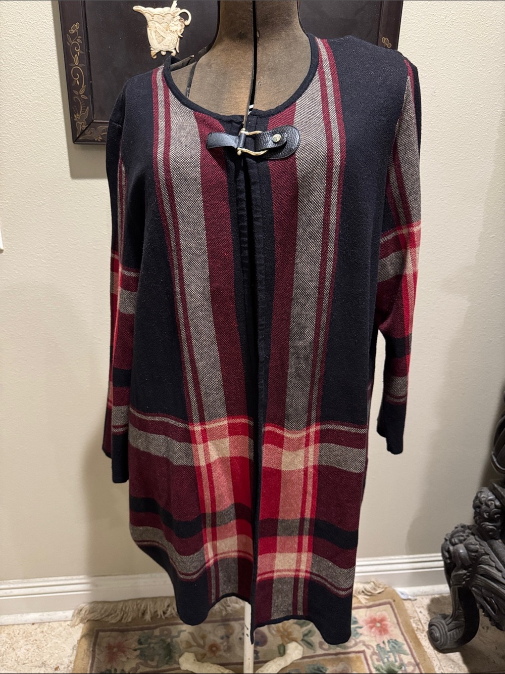 Anne Klein Plaid Knit Cardigan featuring a red, black, and gray plaid pattern 2X